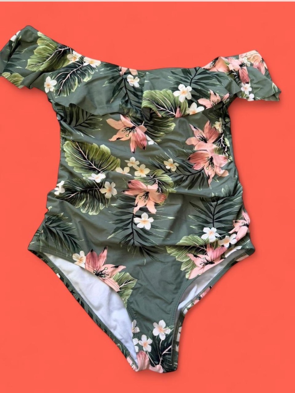 Kona Sol Sage Green Tropical Floral Off-Shoulder Ruffle hem One-Piece Swimsuit